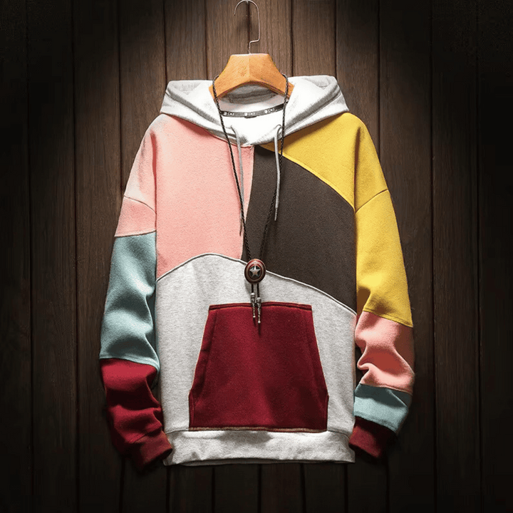 Hoodie för män - Varm överdimensionerad patchwork Huvtröja med pullover-Eva Jonsson