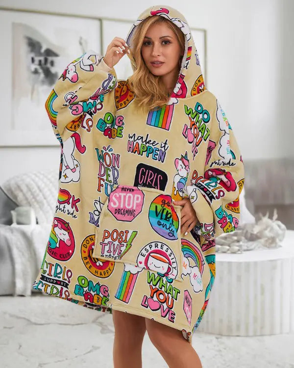 Huvtröja med överdimensionerad klänning - Huvtröja med överdimensionerad klänning - Comfy Cartoon Print Loungewear Hoodie för Kvinnor-Eva Jonsson