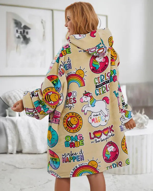 Huvtröja med överdimensionerad klänning - Huvtröja med överdimensionerad klänning - Comfy Cartoon Print Loungewear Hoodie för Kvinnor-Eva Jonsson