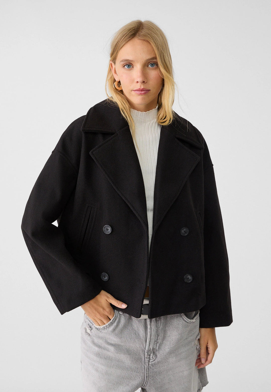 Jacka i ullblandning - Oversized - Dubbelknäppt - Kort ulljacka - Ullkappa för dam-Eva Jonsson