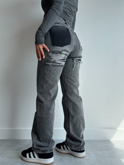 Jeans med hög midja | Slitna | Grå | Jeans med Raka Ben | Damjeans-Eva Jonsson