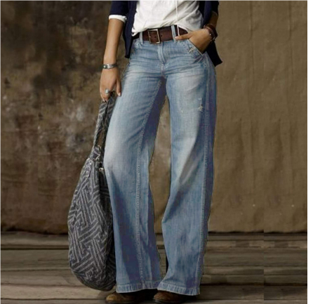 Jeans med vida ben | Normal midja | Bekväm | Jeans med lös passform | Jeans för kvinnor-Eva Jonsson