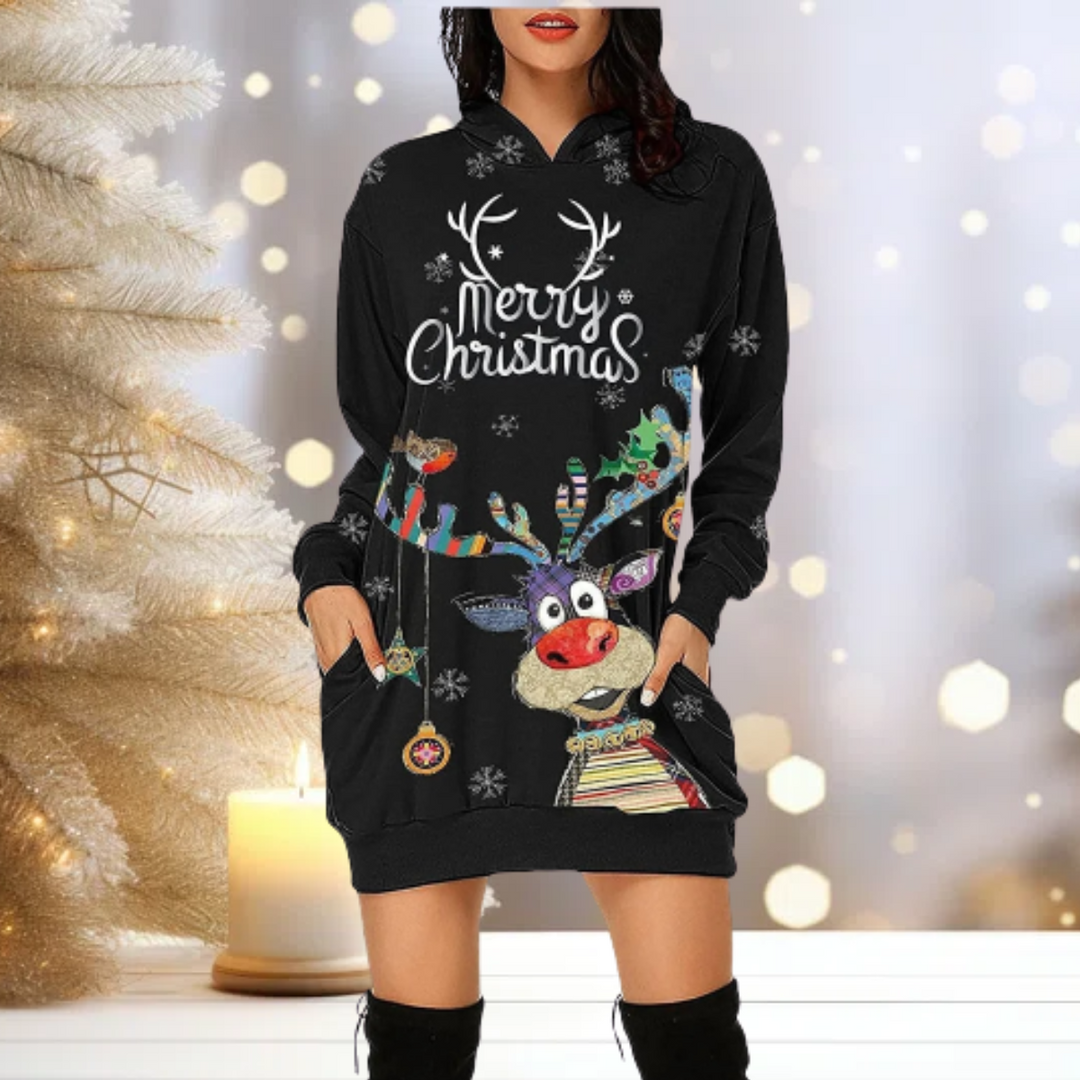 Jul Hoodie - Mysig - Ren - Hoodie Klänning - Jultröja för kvinnor-Eva Jonsson