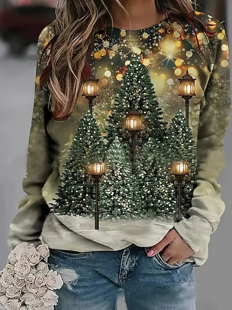 Jul Sweatshirt - Damtröja med rund hals och lös passform Julgran Pullover-Eva Jonsson