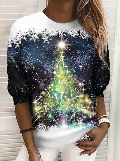 Jul Sweatshirt - Långärmad Snowflake Christmas Tree Pullover för kvinnor-Eva Jonsson