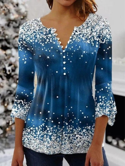 Jultopp - Blå V-halsad snöflinga långärmad blus för kvinnor-Eva Jonsson