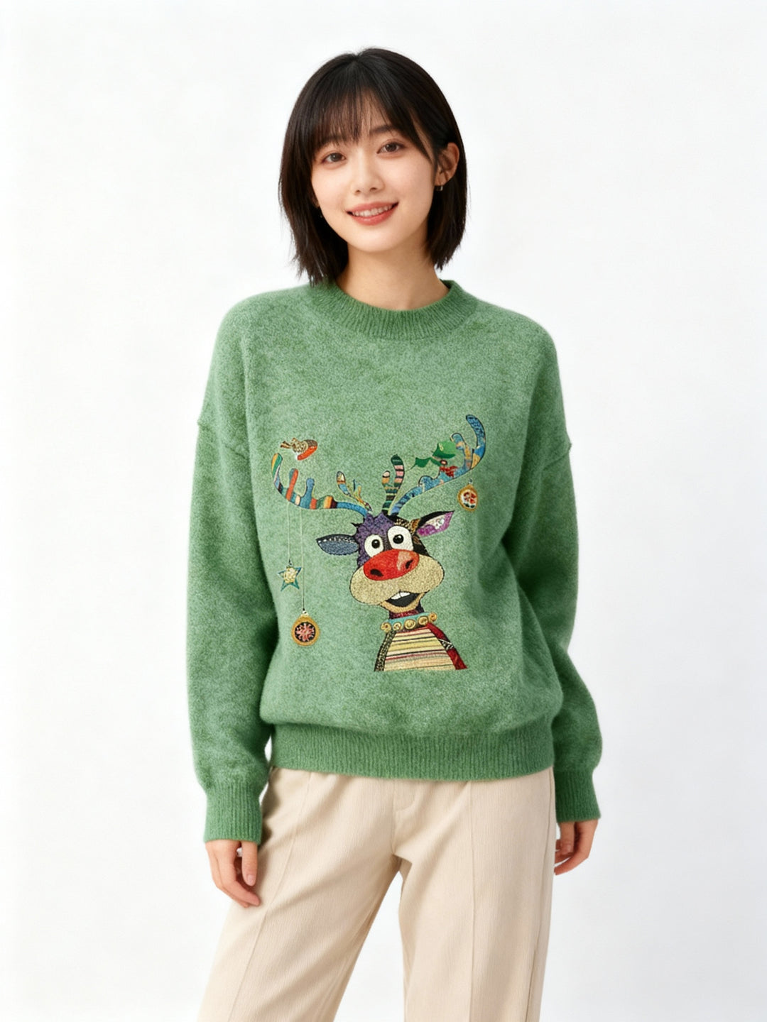 Jultröja - Dam Loose Fit Grön Stickad Rudolf Tröja-Eva Jonsson