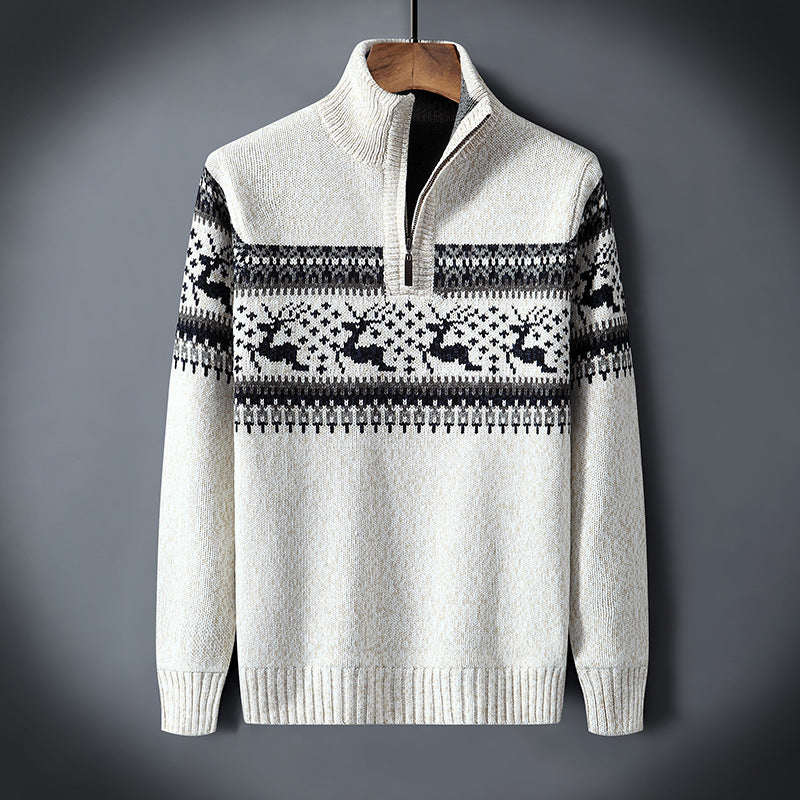 Jultröja - Stickad ren-jultröja med halv dragkedja för män-Eva Jonsson