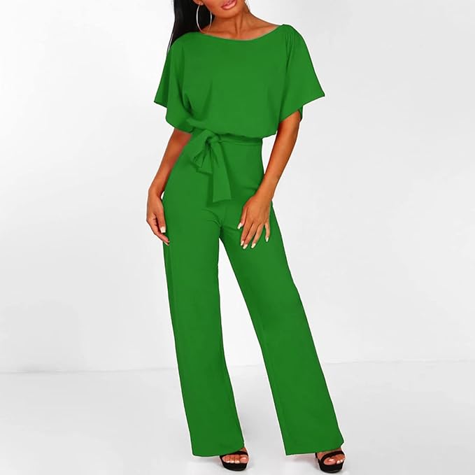 Jumpsuit med vida ben - Elegant kortärmad sommardress för damer med bälte-Eva Jonsson