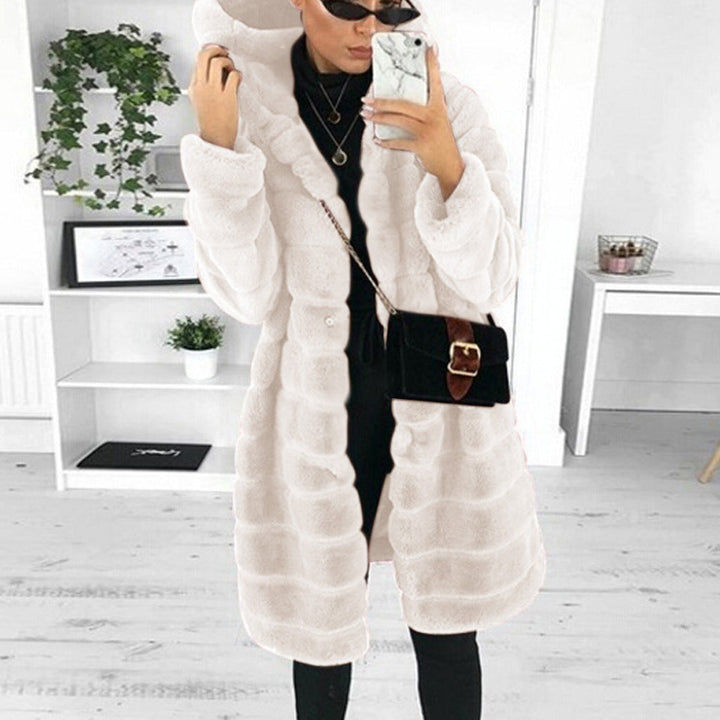 Kappa i fuskpäls | Huva | Mellanlång | Fuskfluffig kappa | Vinterjacka för kvinnor-Eva Jonsson