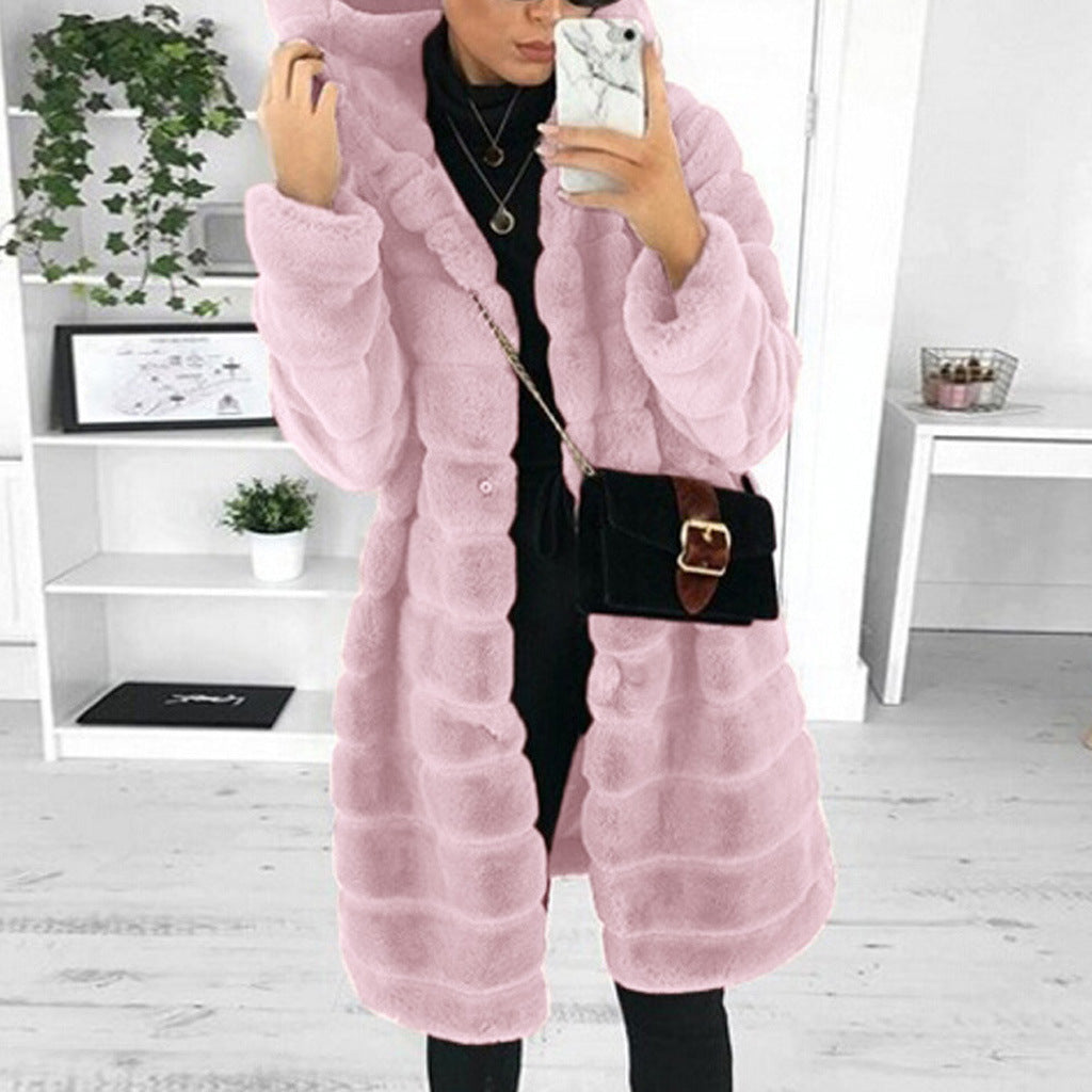 Kappa i fuskpäls | Huva | Mellanlång | Fuskfluffig kappa | Vinterjacka för kvinnor-Eva Jonsson