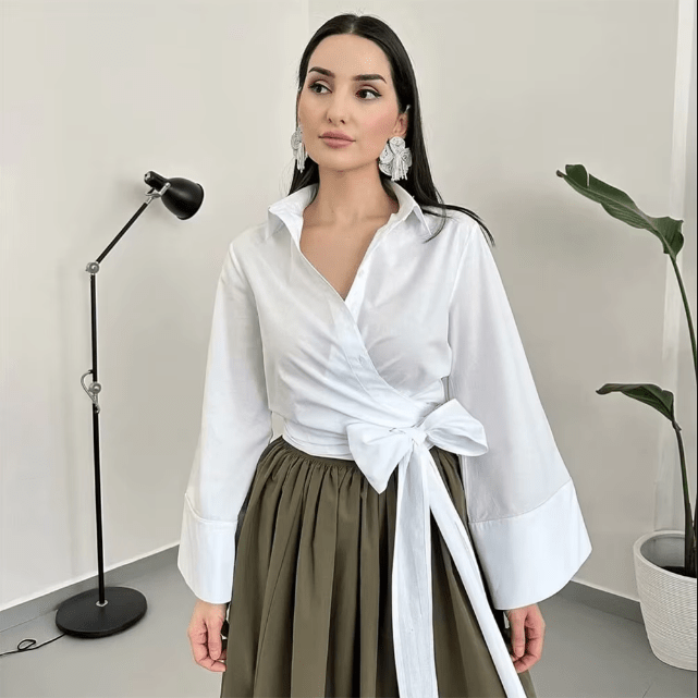 Kimono-blus | Långärmad | Knäppt | Omslagstopp | Damskjorta-Eva Jonsson