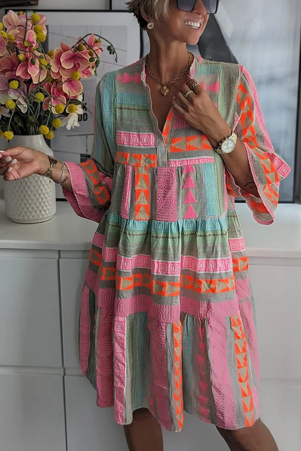 Klänning med tryck - Halvärmad Boho knälång A-linjeformad klänning-Eva Jonsson