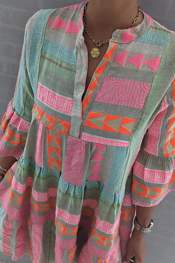 Klänning med tryck - Halvärmad Boho knälång A-linjeformad klänning-Eva Jonsson
