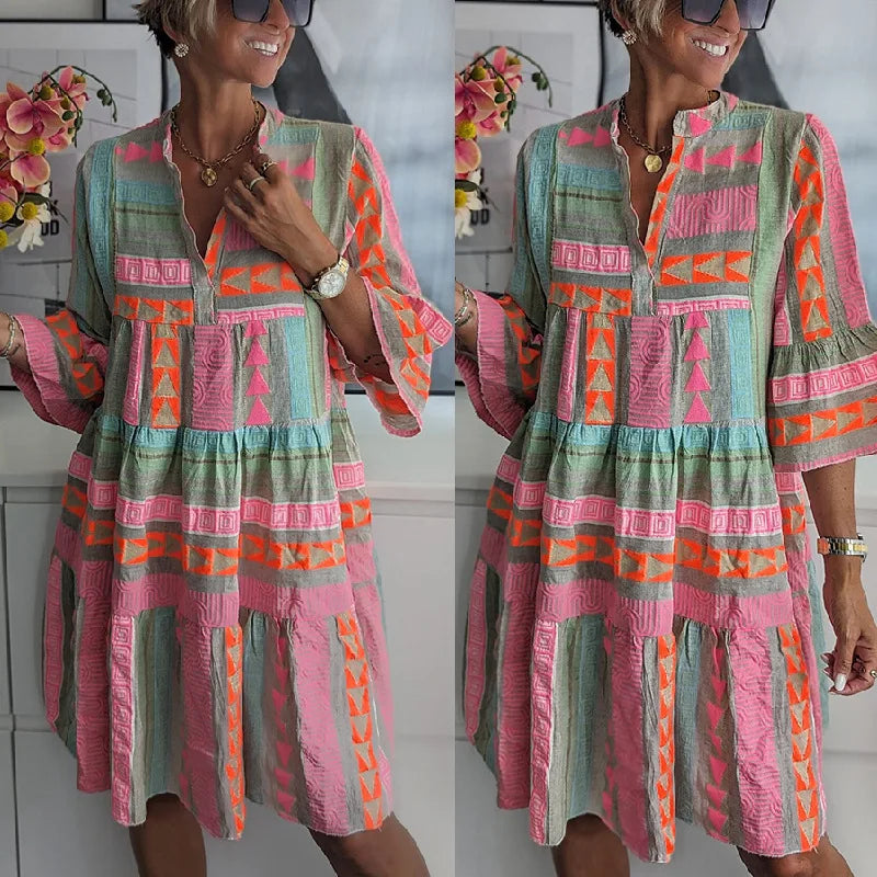 Klänning med tryck - Halvärmad Boho knälång A-linjeformad klänning-Eva Jonsson