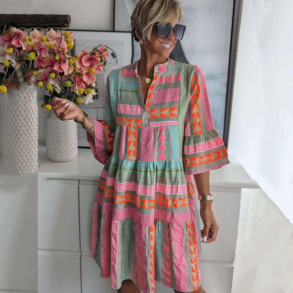 Klänning med tryck - Halvärmad Boho knälång A-linjeformad klänning-Eva Jonsson