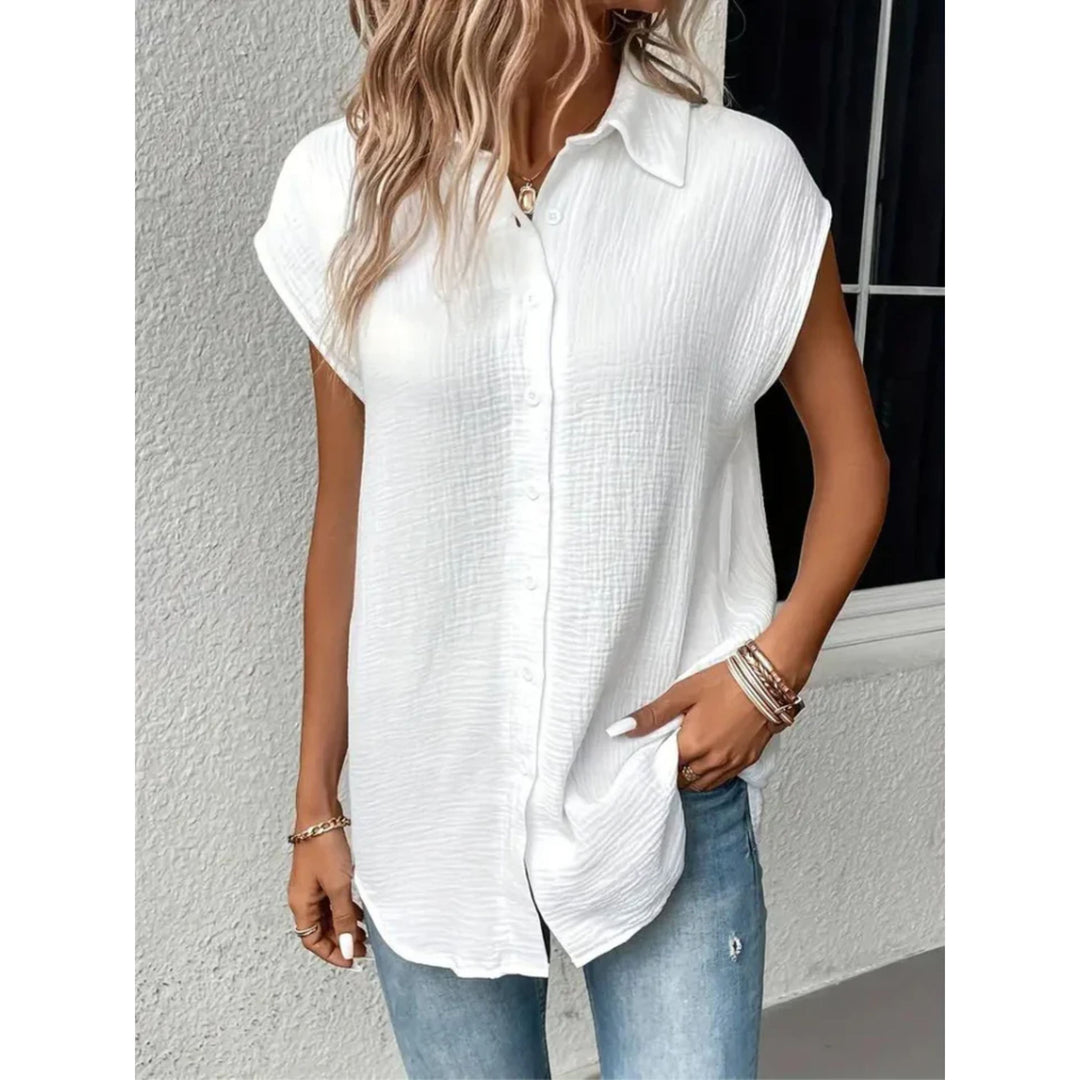 Kortärmad Blus – damblus med knappar och knytband framtill-Eva Jonsson