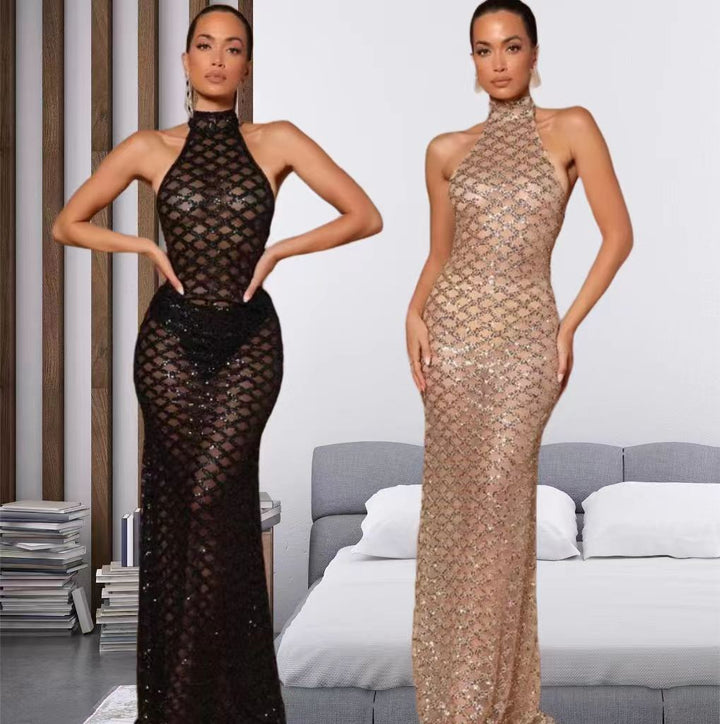 Kvinna Elegant Aftonklänning i Bodycon Stil med Glittrande Paljettrimm Mirla-Eva Jonsson