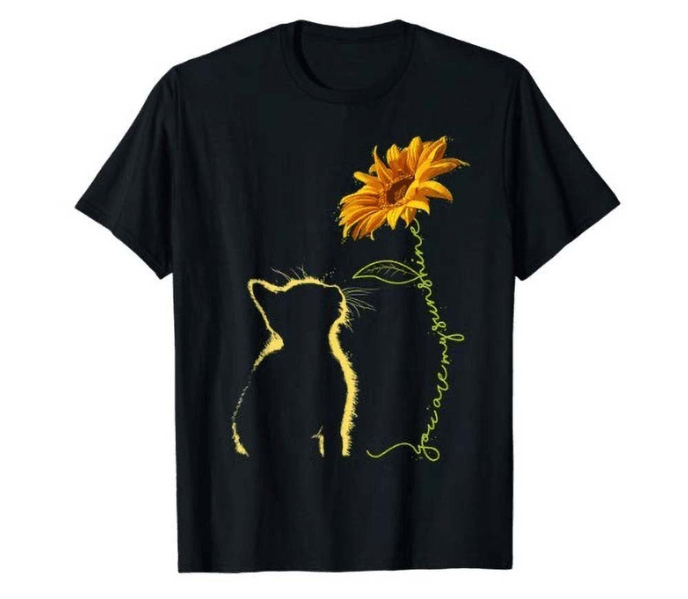 Kvinna T-shirt med kreativ katt och solros motiv Mirla-Eva Jonsson