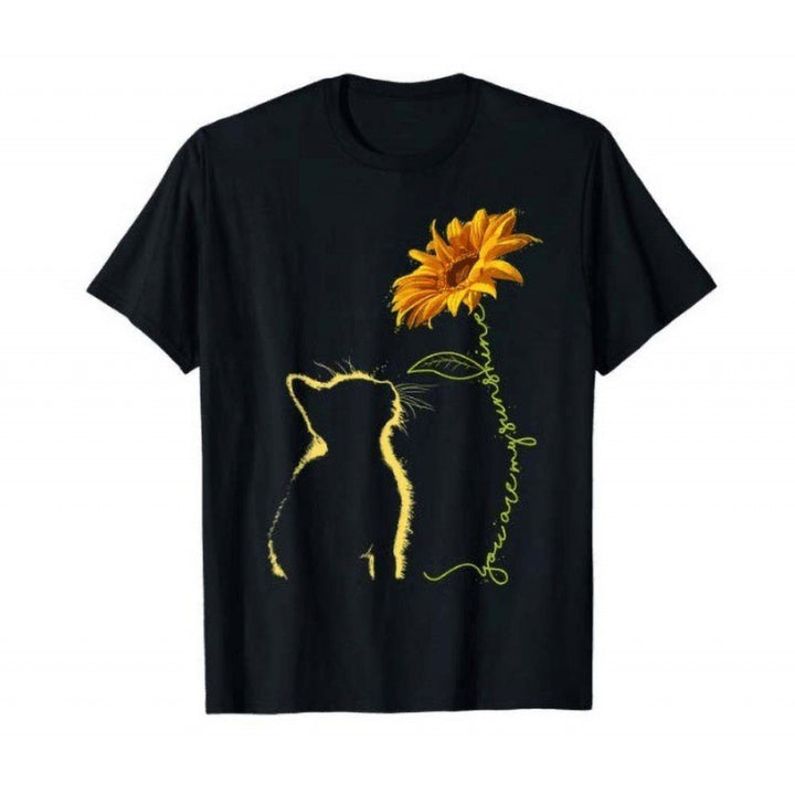Kvinna T-shirt med kreativ katt och solros motiv Mirla-Eva Jonsson