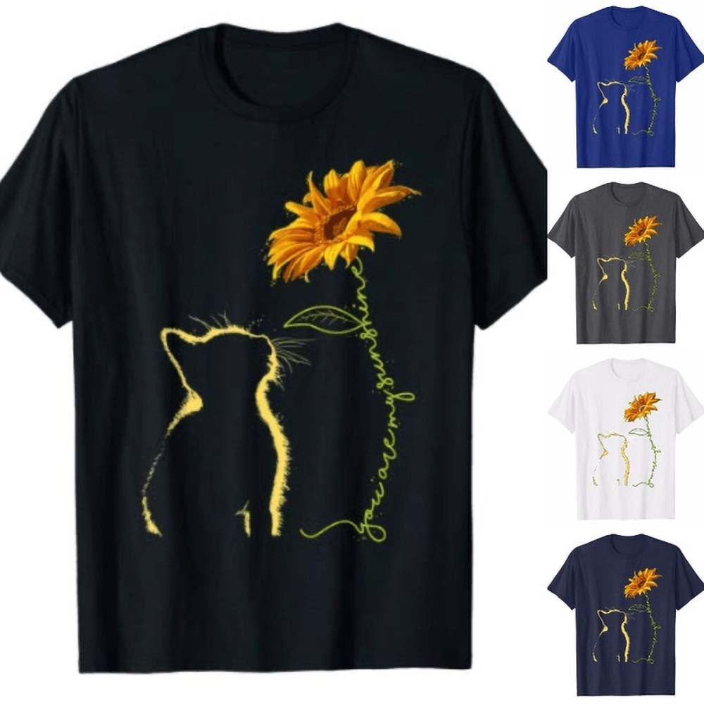 Kvinna T-shirt med kreativ katt och solros motiv Mirla-Eva Jonsson