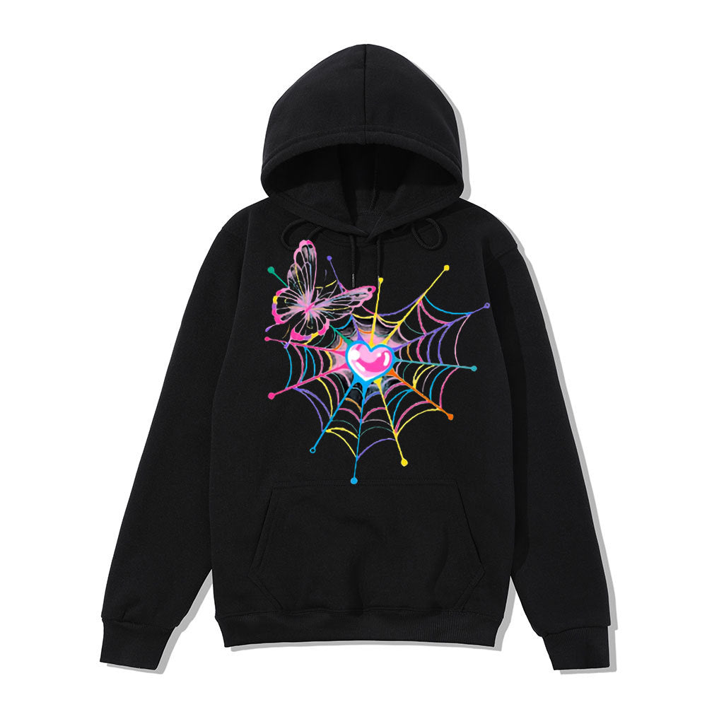 Kvinna hoodie sweatshirt med kreativt fjäril- och spindelnätsdesign Mirla-Eva Jonsson
