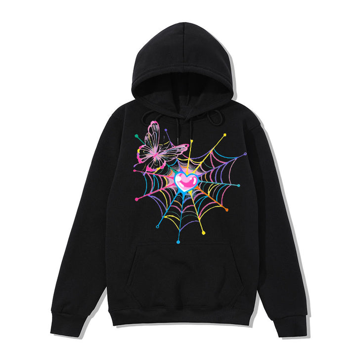 Kvinna hoodie sweatshirt med kreativt fjäril- och spindelnätsdesign Mirla-Eva Jonsson