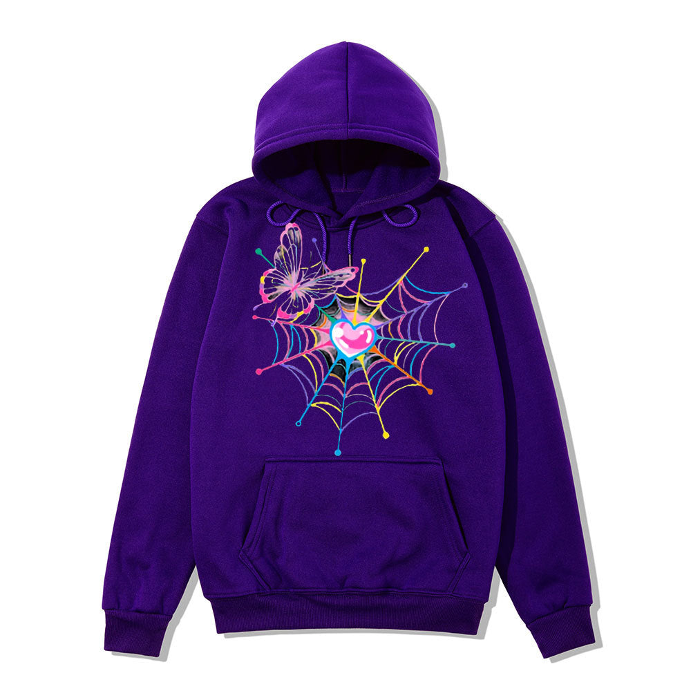 Kvinna hoodie sweatshirt med kreativt fjäril- och spindelnätsdesign Mirla-Eva Jonsson