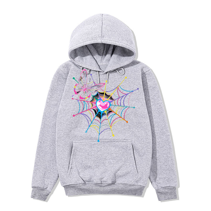 Kvinna hoodie sweatshirt med kreativt fjäril- och spindelnätsdesign Mirla-Eva Jonsson