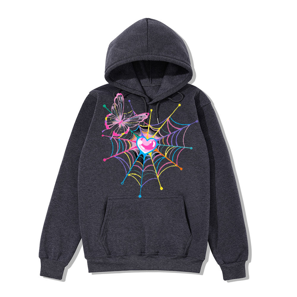 Kvinna hoodie sweatshirt med kreativt fjäril- och spindelnätsdesign Mirla-Eva Jonsson