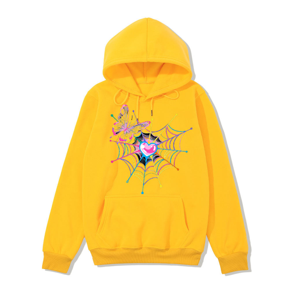 Kvinna hoodie sweatshirt med kreativt fjäril- och spindelnätsdesign Mirla-Eva Jonsson