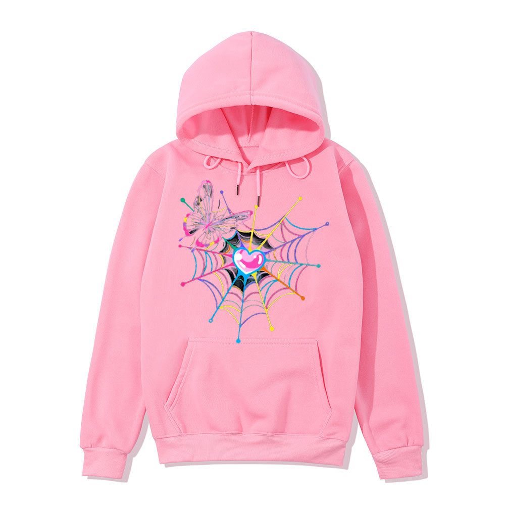 Kvinna hoodie sweatshirt med kreativt fjäril- och spindelnätsdesign Mirla-Eva Jonsson