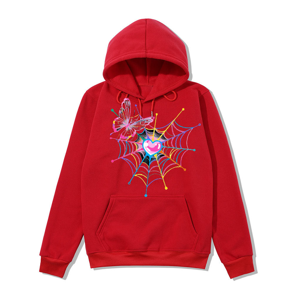 Kvinna hoodie sweatshirt med kreativt fjäril- och spindelnätsdesign Mirla-Eva Jonsson