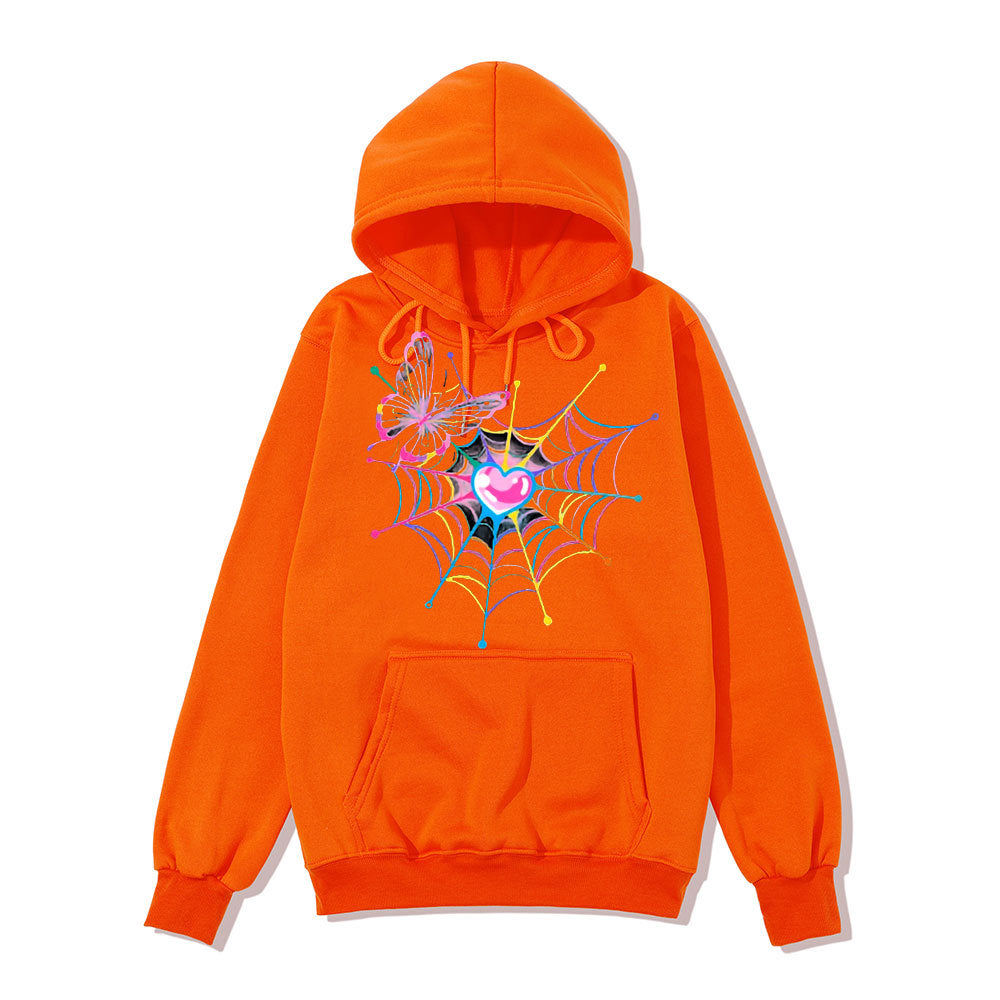 Kvinna hoodie sweatshirt med kreativt fjäril- och spindelnätsdesign Mirla-Eva Jonsson
