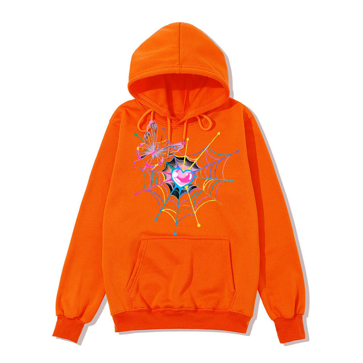 Kvinna hoodie sweatshirt med kreativt fjäril- och spindelnätsdesign Mirla-Eva Jonsson