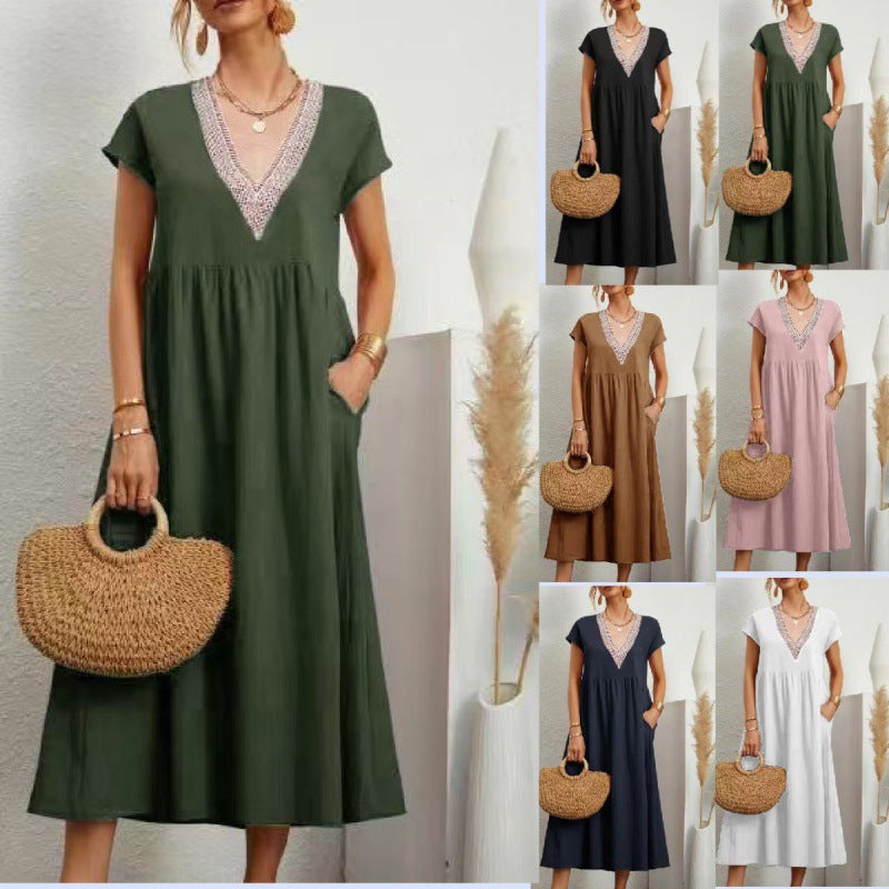 Kvinna maxi dress med elegant V-hals och sidofickor Mirla-Eva Jonsson