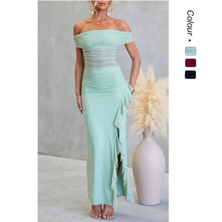 Kvinno Off-Shoulder Maxi Klänning med sofistikerad skärning och sexig slits-Eva Jonsson