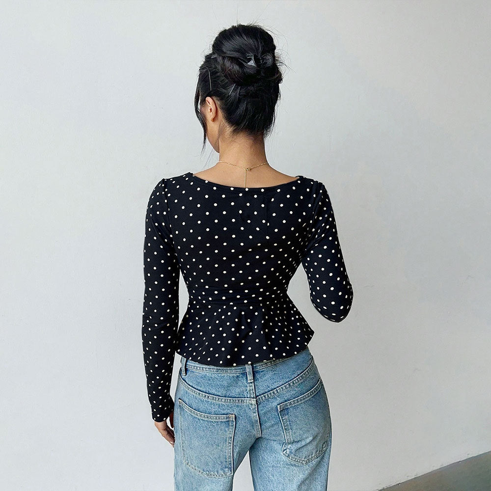 Kvinno blus skjorta med peplum skärning och prickigt mönster Mirla-Eva Jonsson