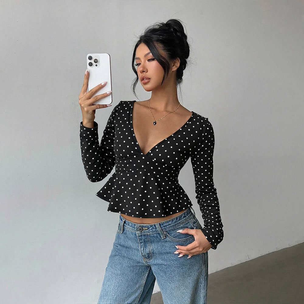 Kvinno blus skjorta med peplum skärning och prickigt mönster Mirla-Eva Jonsson
