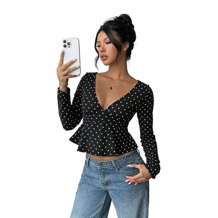 Kvinno blus skjorta med peplum skärning och prickigt mönster Mirla-Eva Jonsson