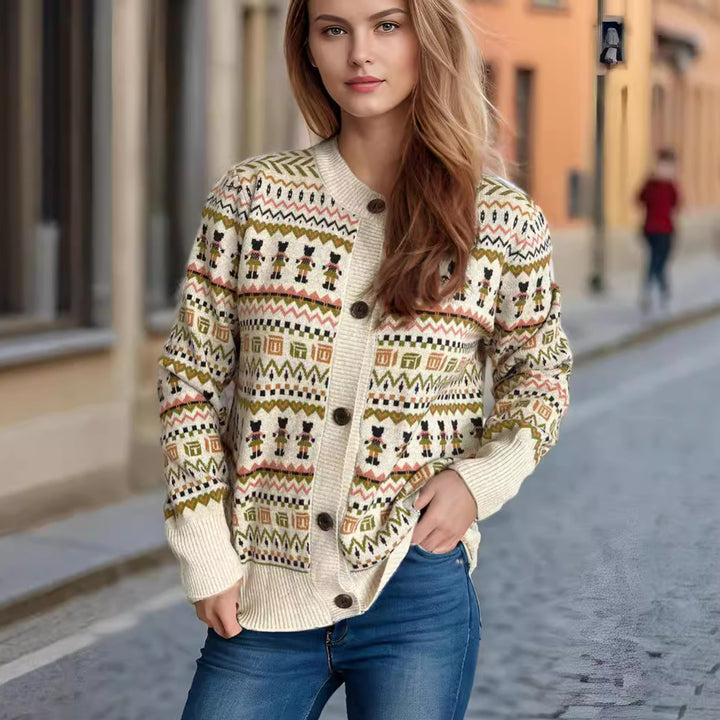 Kvinno cardigan med färgglad svep mönster och knappdetalj Mirla-Eva Jonsson