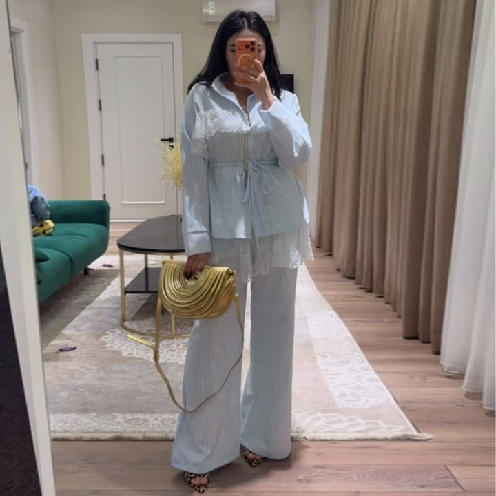 Kvinno casual-elegant set med volangdetaljer och hög midja Mirla-Eva Jonsson