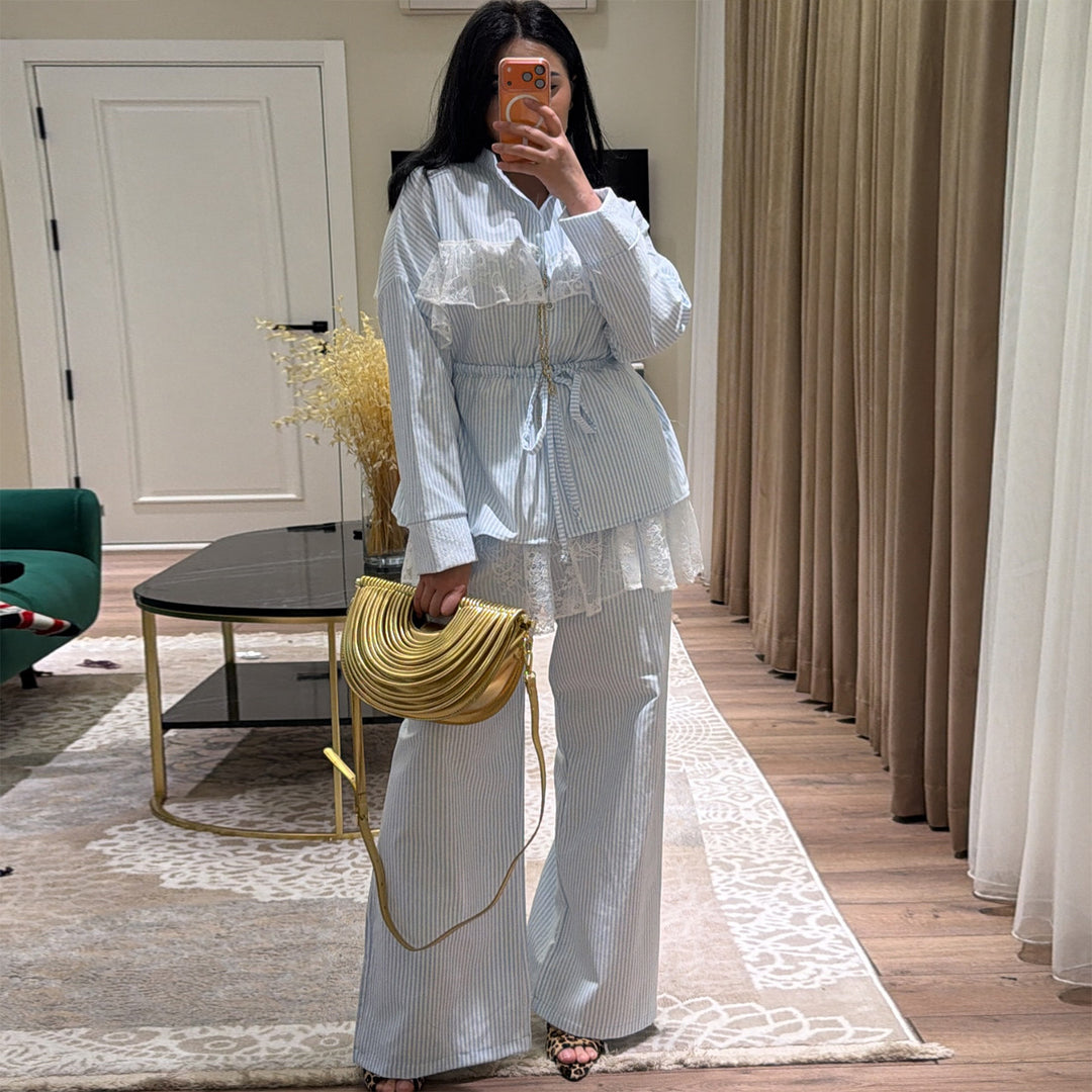 Kvinno casual-elegant set med volangdetaljer och hög midja Mirla-Eva Jonsson