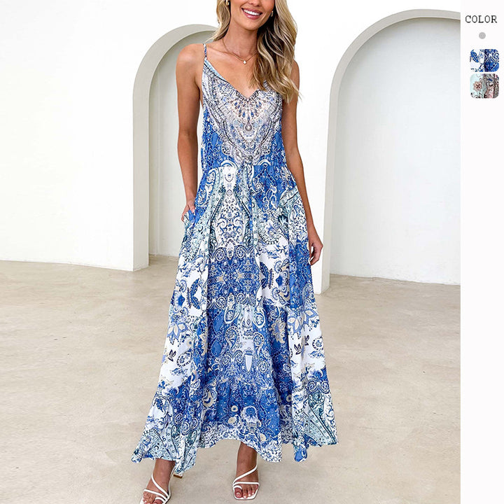 Kvinno maxi klänning i elegant etnisk design med fickor och fin V-hals-Eva Jonsson