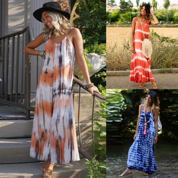 Kvinno maxi klänning med trendig tie-dye design och smickrande V-hals Mirla-Eva Jonsson
