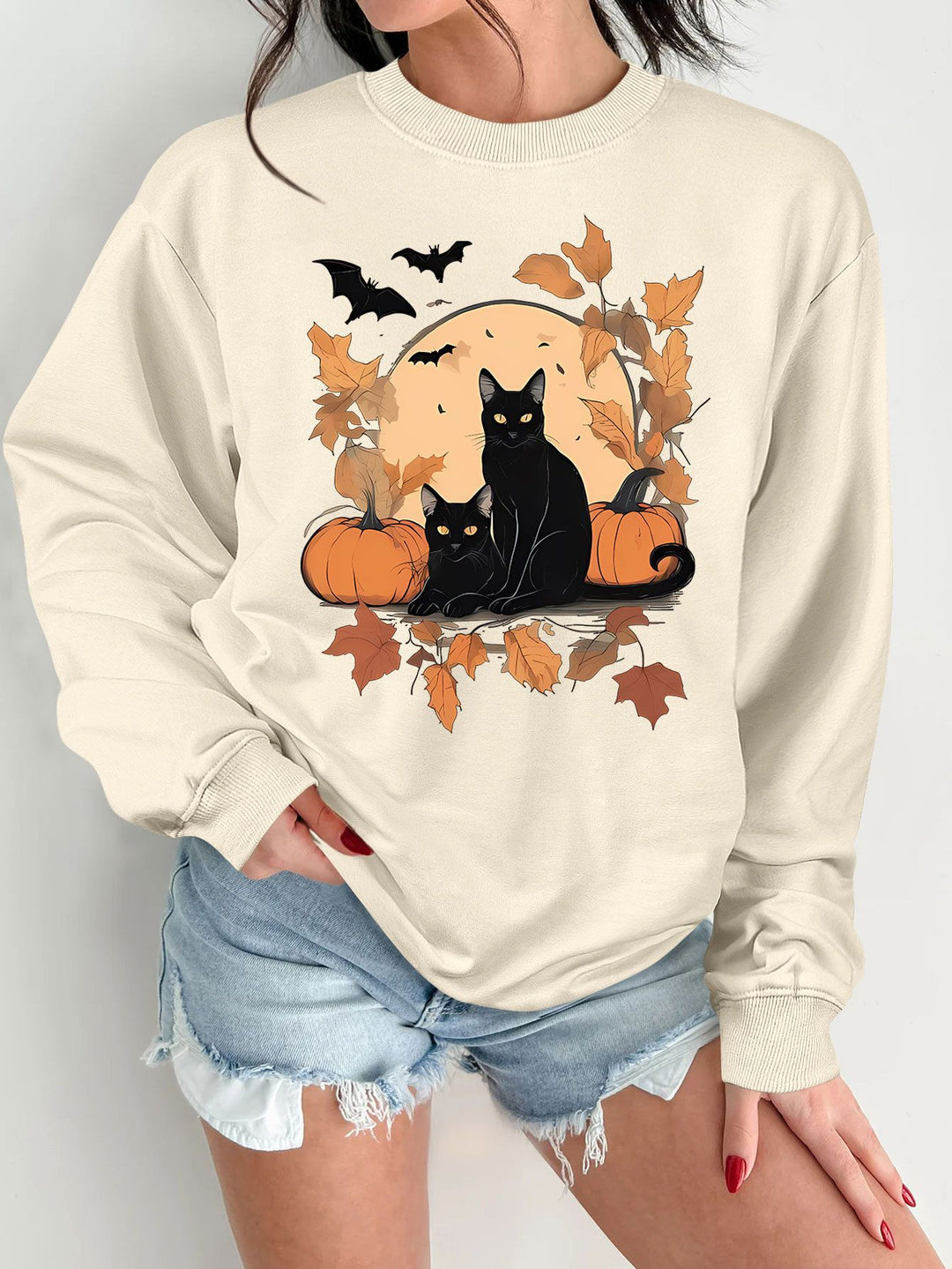 Kvinno sweatshirt med höstkatt och pumpa design Mirla-Eva Jonsson