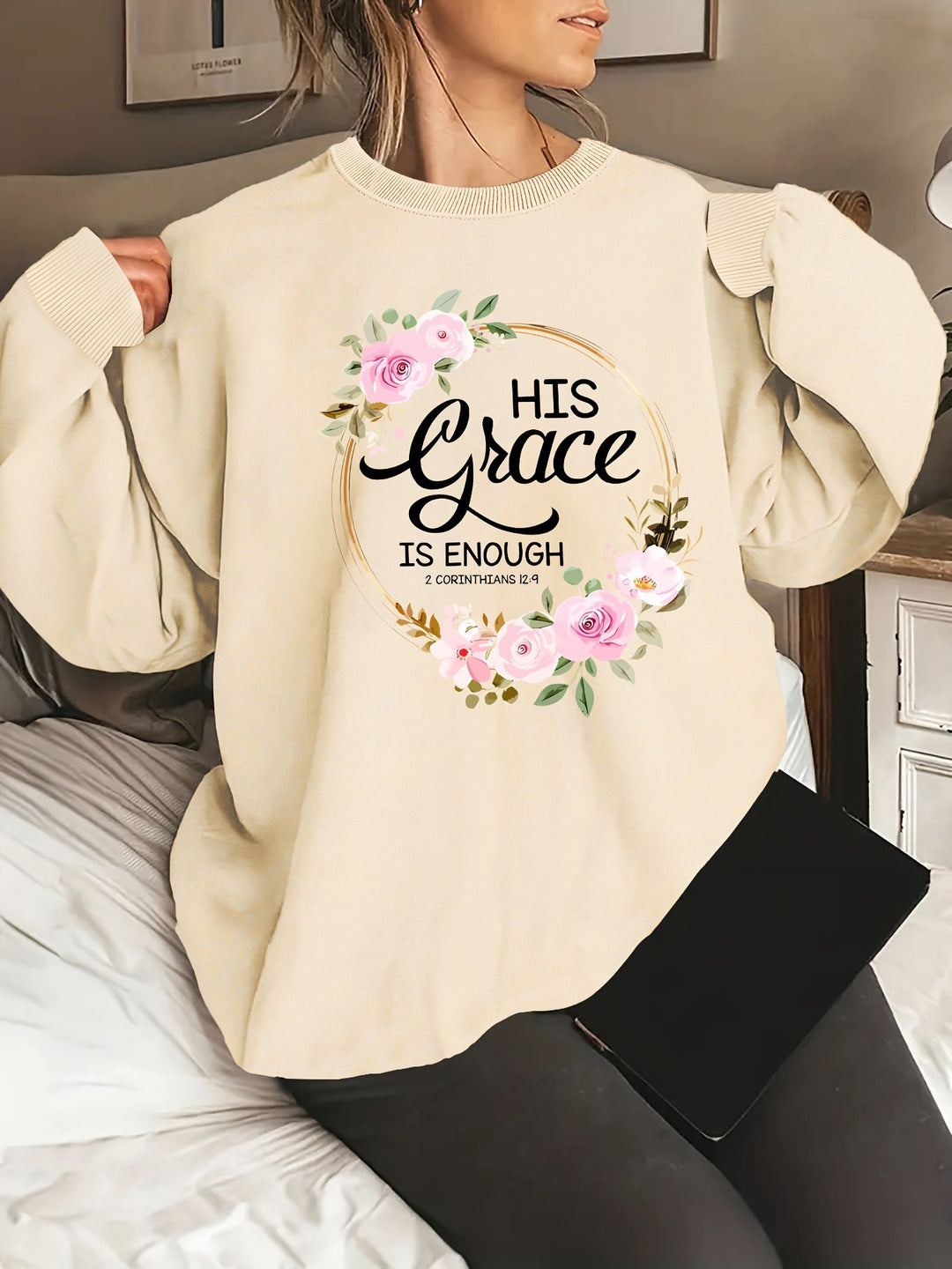 Kvinno sweatshirt med motiverande text och blommönster Mirla-Eva Jonsson
