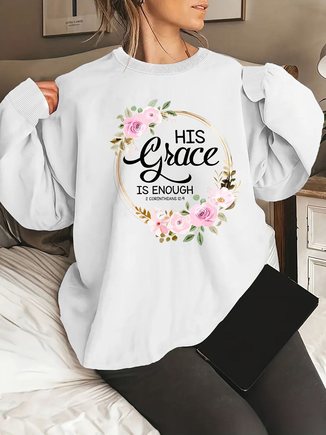 Kvinno sweatshirt med motiverande text och blommönster Mirla-Eva Jonsson