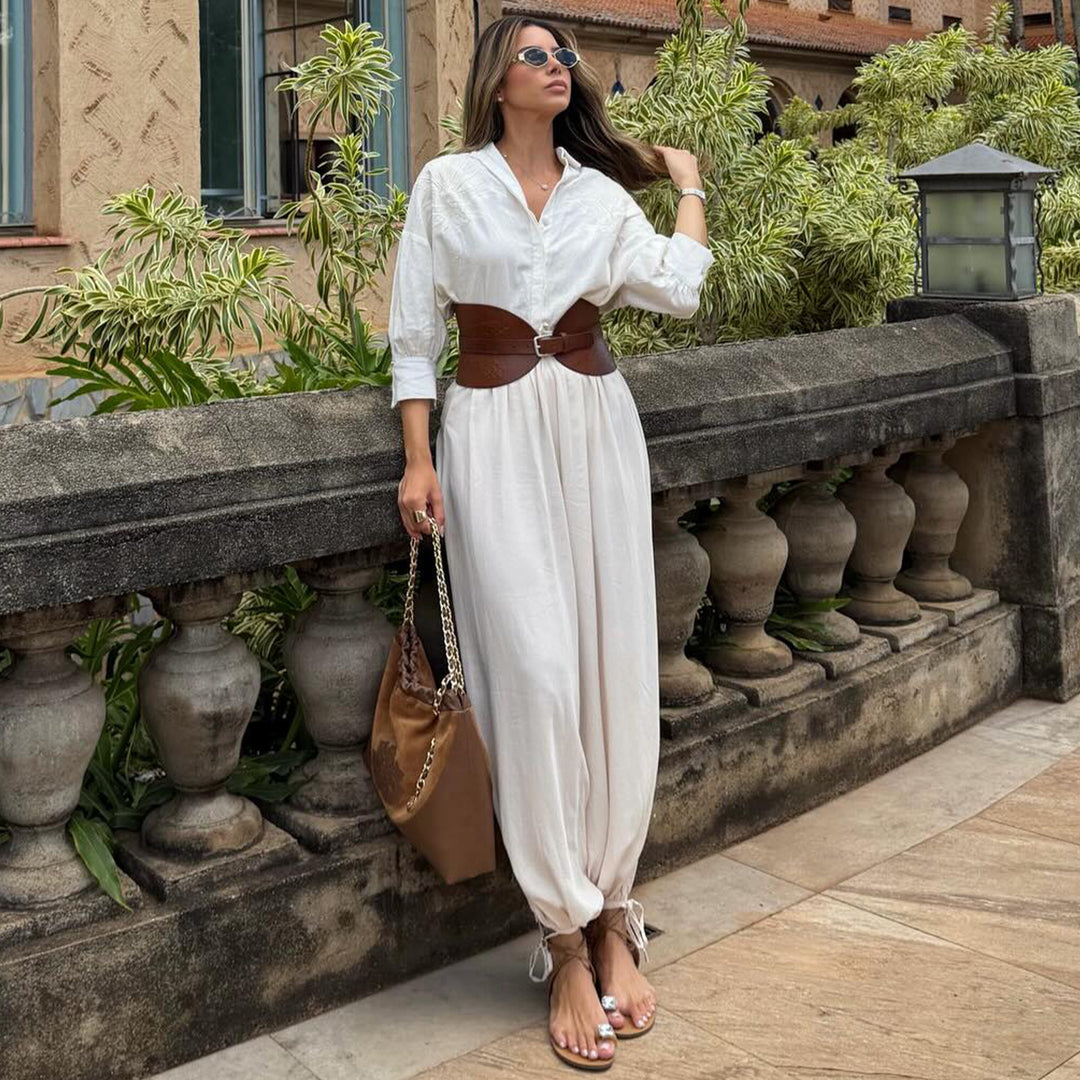 Kvinno voluminös byxdress med elegant knappblus och midjebälte Mirla-Eva Jonsson