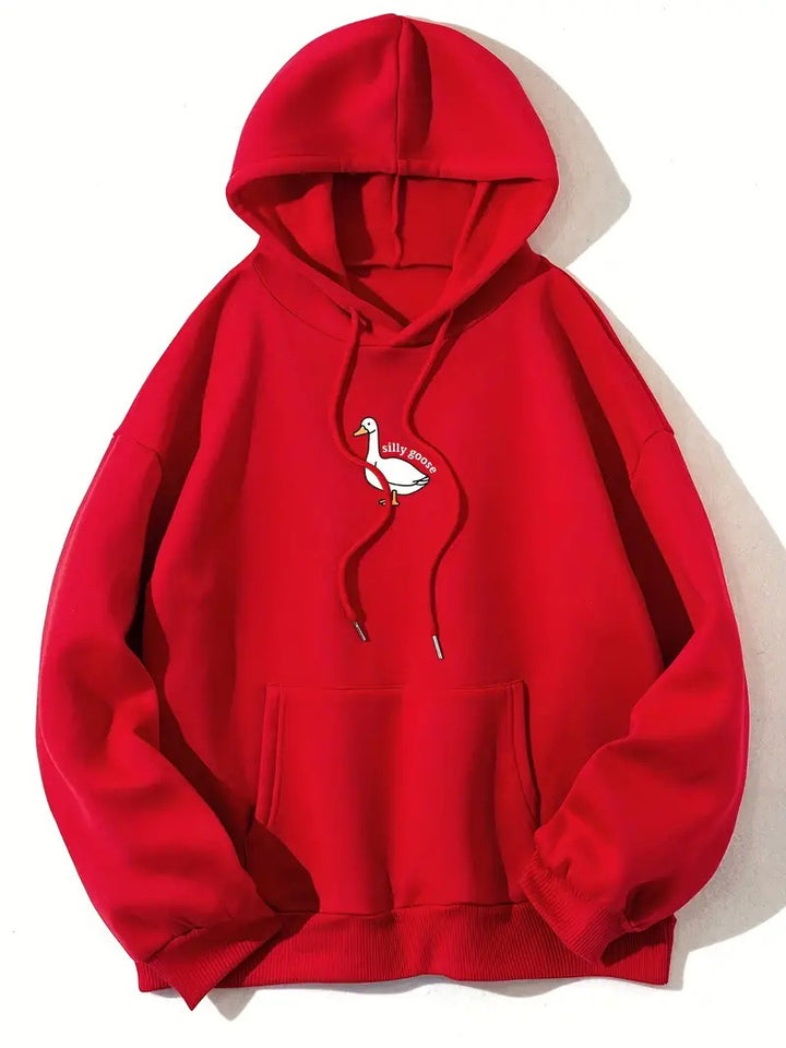 Kvinnohoodie med kreativ gåsmotiv och mjukt fleeceinuti Mirla-Eva Jonsson